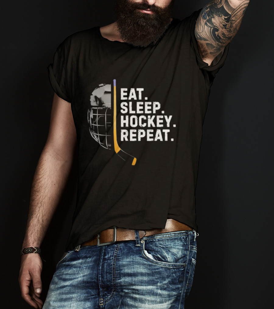 Eat Sleep Hockey Repeat Funny Cool Hockey Player Stick And Goalie Mask T-Shirt