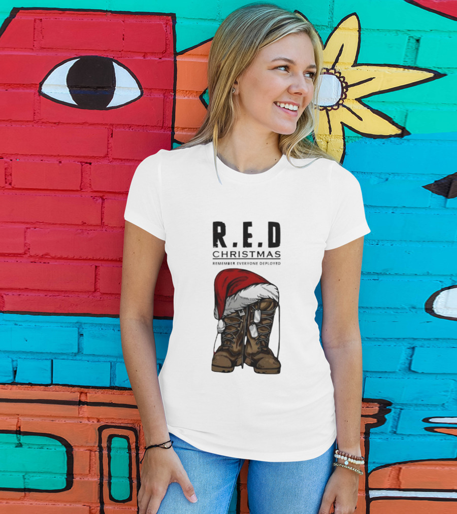 Red Christmas Santa Hat Boots Remember Everyone Deployed T-Shirt
