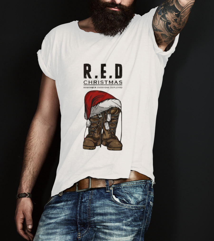 Red Christmas Santa Hat Boots Remember Everyone Deployed T-Shirt