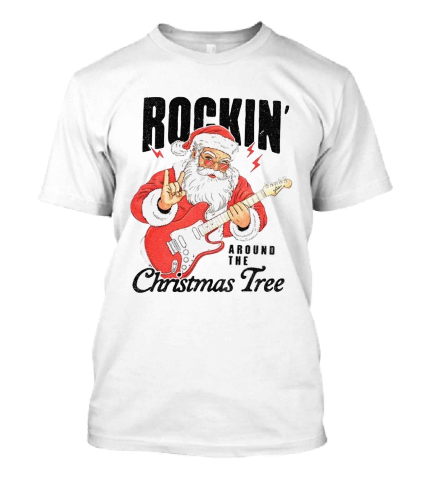 Rockin' Santa Claus Playing Guitar Around The Christmas Tree Merry Christmas T-Shirt