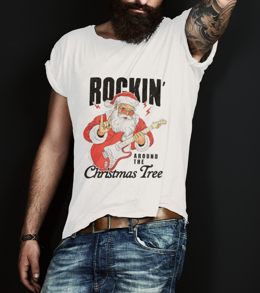 Rockin' Santa Claus Playing Guitar Around The Christmas Tree Merry Christmas T-Shirt