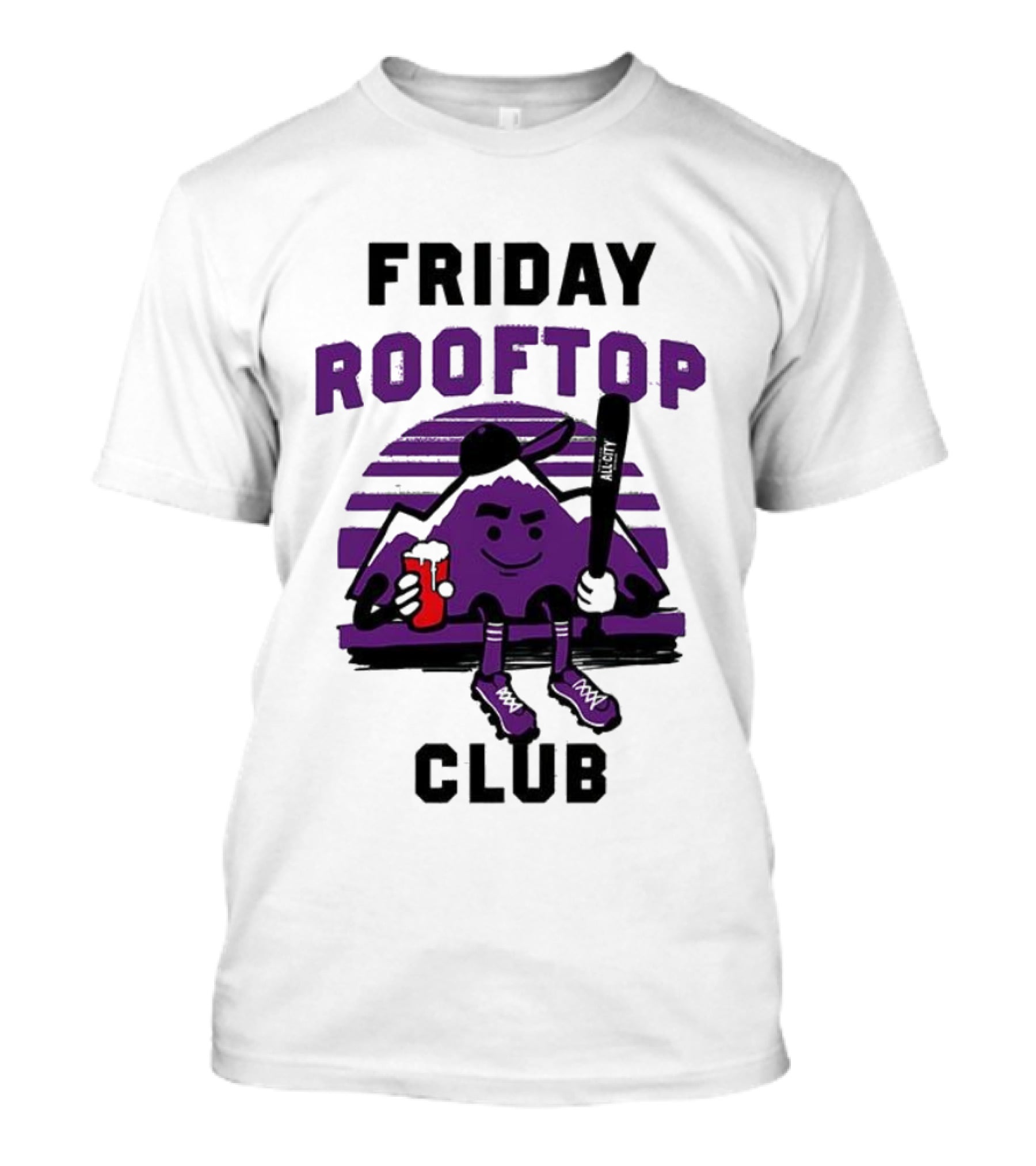 Friday Rooftop Club Colorado Rockies Playful Cartoon Baseball Bat Drink T-Shirt