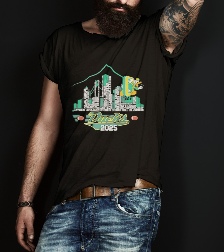 Oregon Ducks 2025 Mascot Football Cityscape T-Shirt