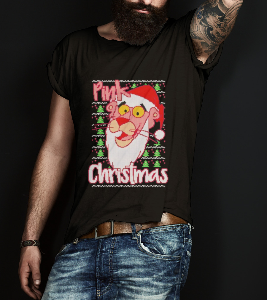 Pink Christmas Ugly Sweater Santa Hat Pink Panther T-Shirt