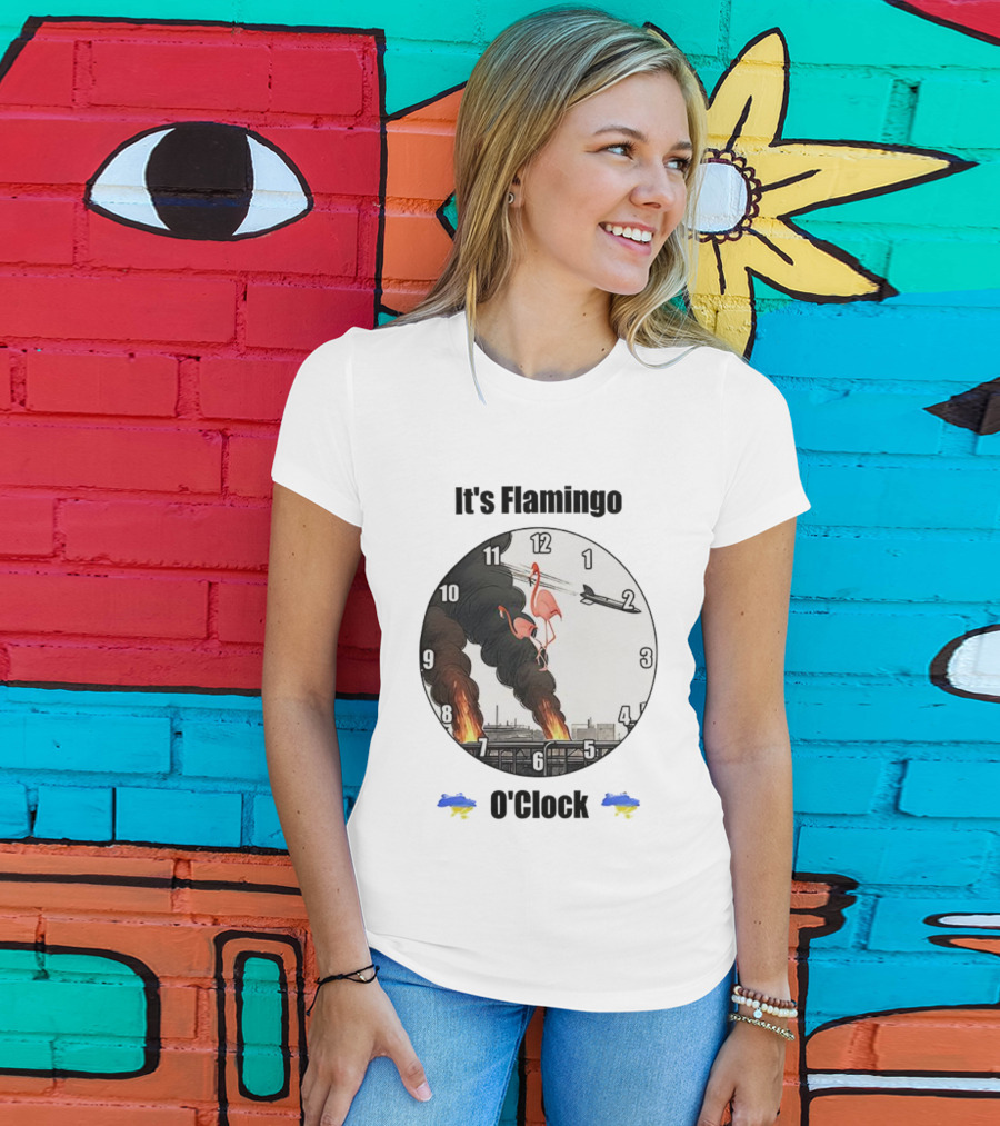 Flamingo O’clock Flamingos On Face With Plane And Fire Imagery T-Shirt