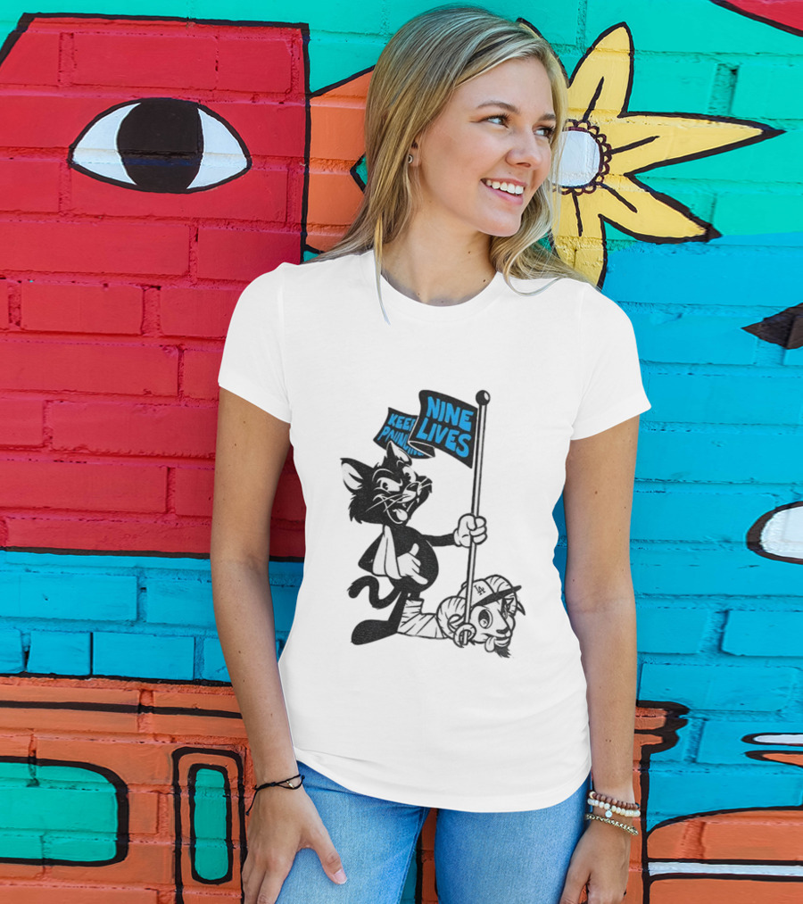 Roaring Riot Nine Lives Keep Pounding Carolina Panthers Beat LA Dodgers Goat T-Shirt