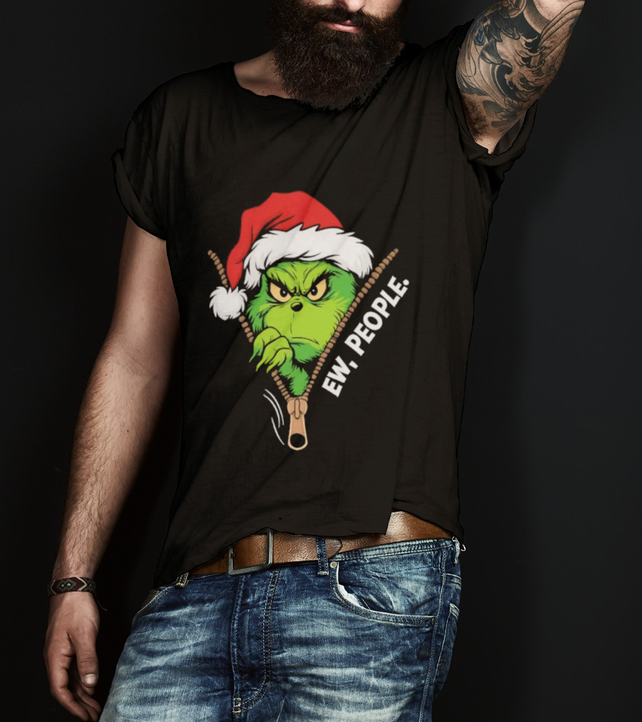 Grinch Ew People Christmas Green Monster Santa Hat T-Shirt