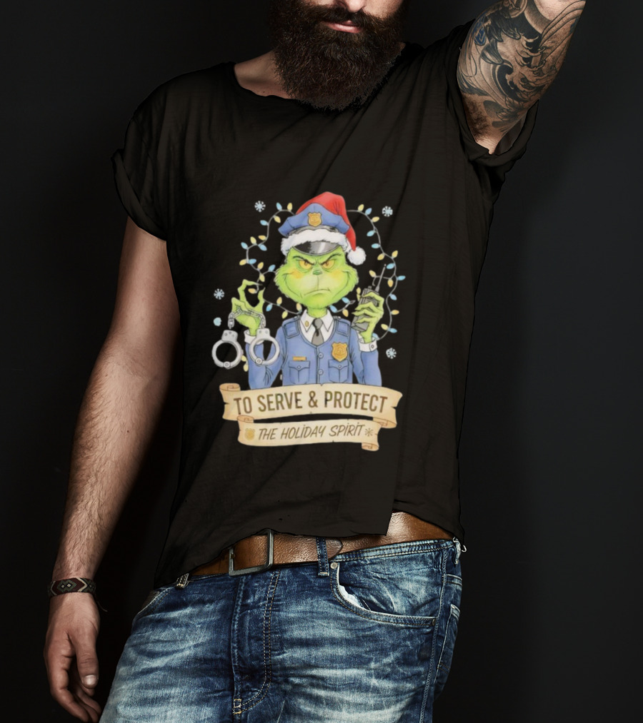 Grinch Police To Serve Protect Holiday Spirit Christmas Lights Handcuffs T-Shirt