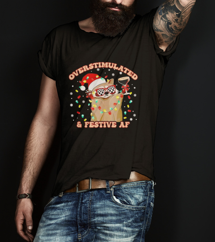 Overstimulated Raccoon Santa Hat And Festive Lights Holding Holiday Drink T-Shirt