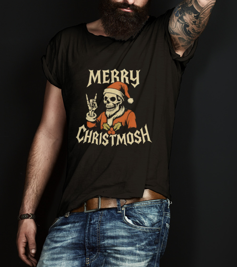 Santa Skeleton Rock And Roll Hand Merry Christmosh Christmas T-Shirt