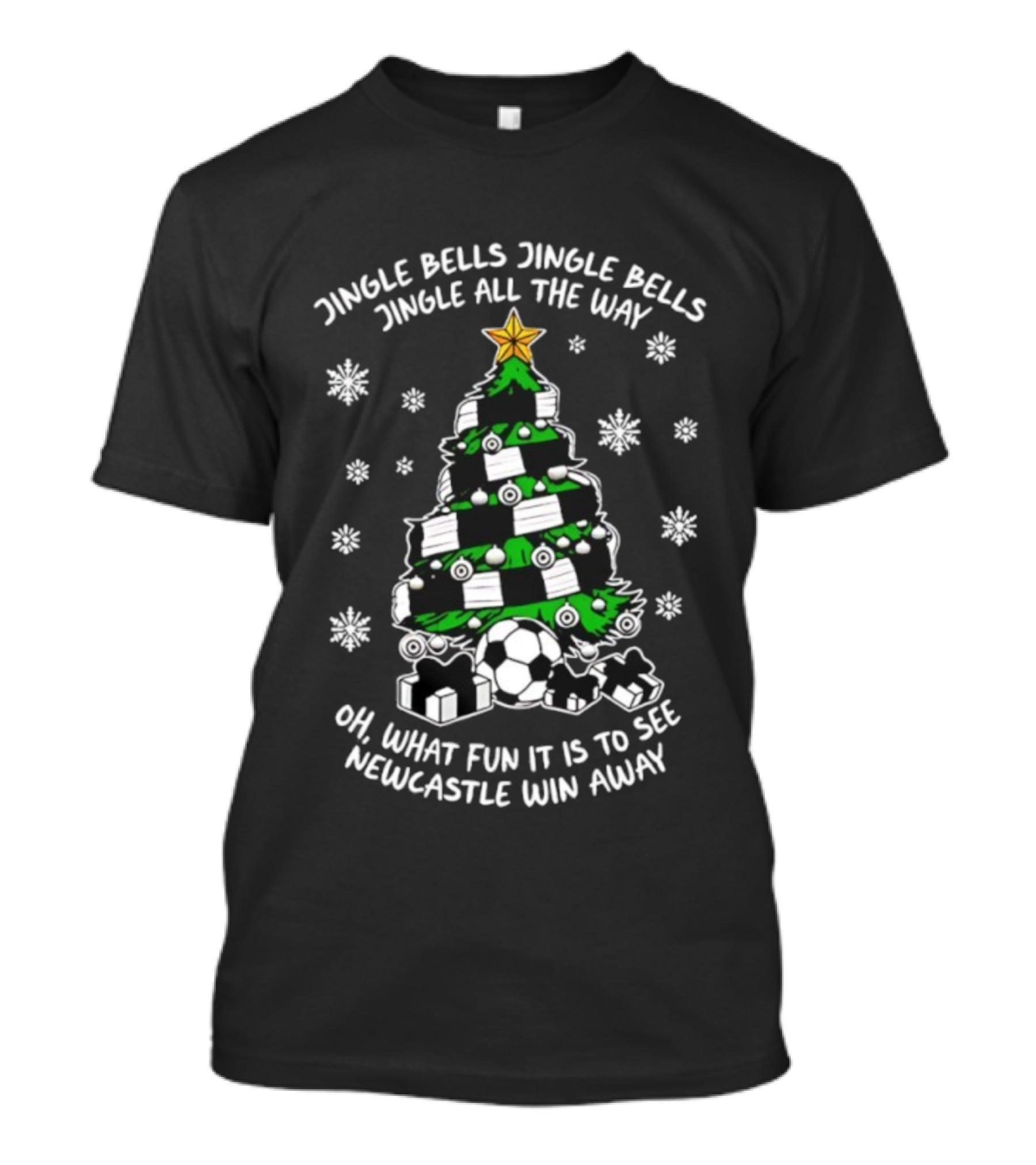 Jingle Bells Jingle All The Way Newcastle Win Away Christmas Tree Soccer Fun T-Shirt