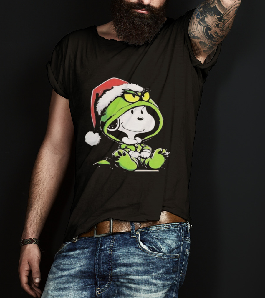 Snoopy Grinch Christmas Santa Hat Character Crossover T-Shirt