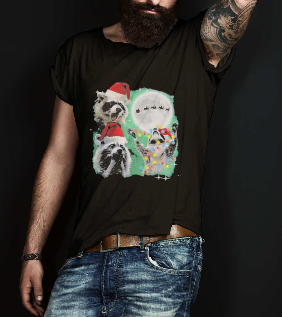 Three Raccoons Santa Hats Christmas Moon Lights Sleigh T-Shirt