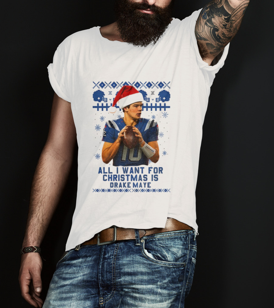 Drake Maye Santa Hat New England Patriots Football Christmas Wishes T-Shirt
