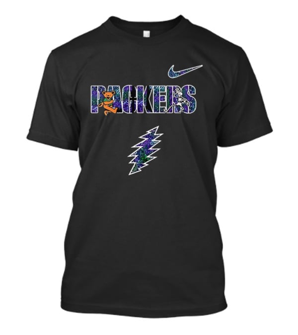 Packers Grateful Dead Bear Skeleton Nike Lightning Bolt T-Shirt