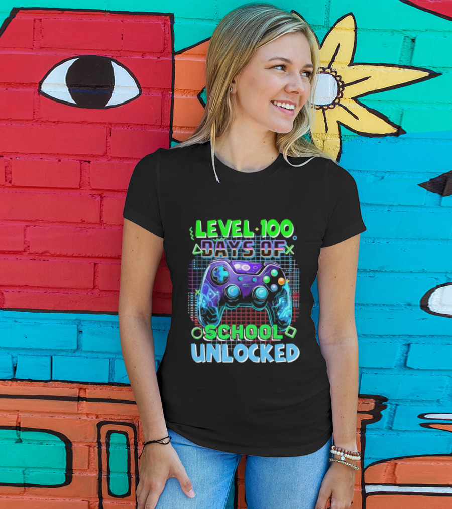 Level 100 Days Of School Unlocked Video Games Controller T-Shirt