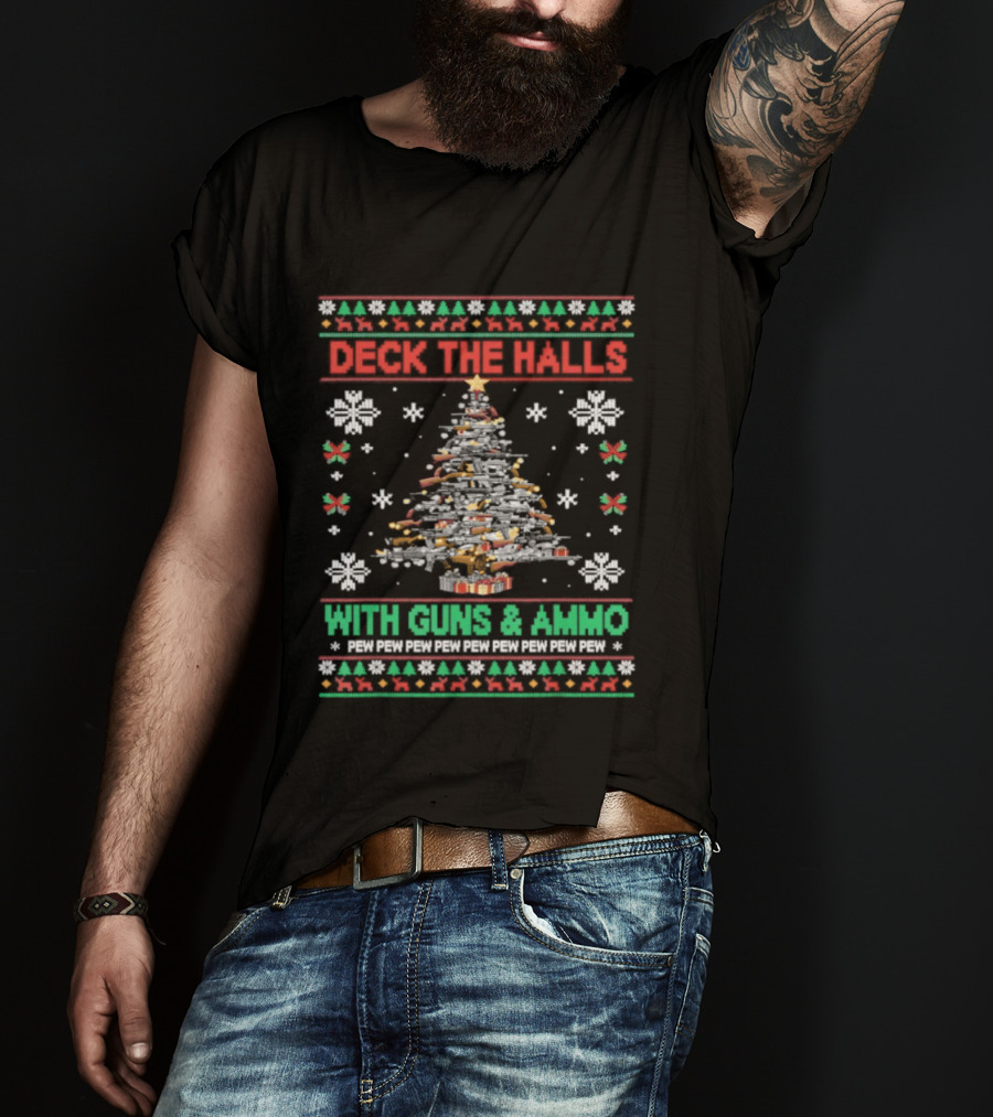 Retro Deck The Halls With Guns And Ammo Funny Christmas Tree Snowflakes Holiday T-Shirt