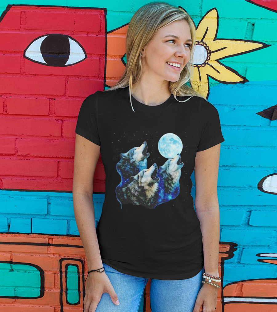 Three Wolves Howling At Cyan Moon Cosmic Night Glow T-Shirt