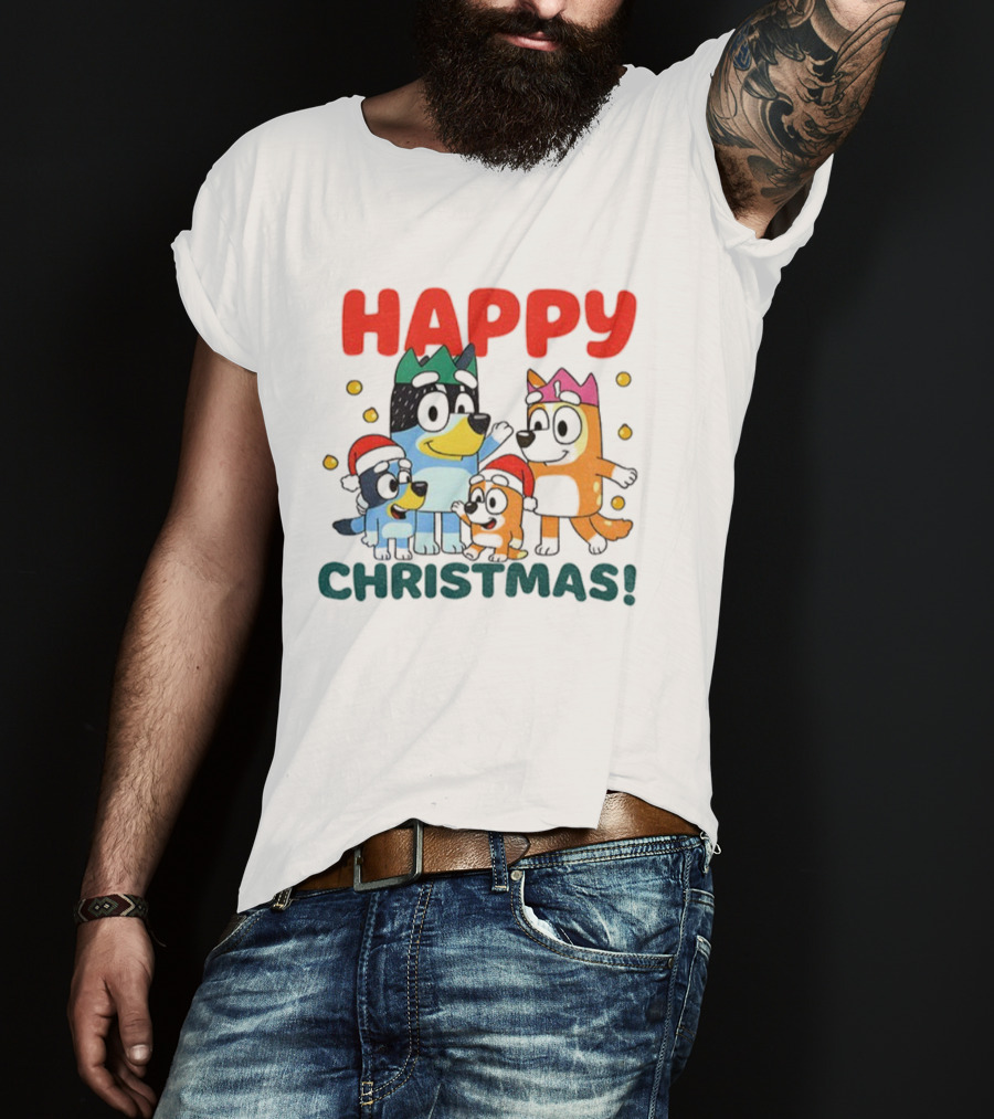 Bluey Family Happy Christmas Santa Hat Celebration T-Shirt