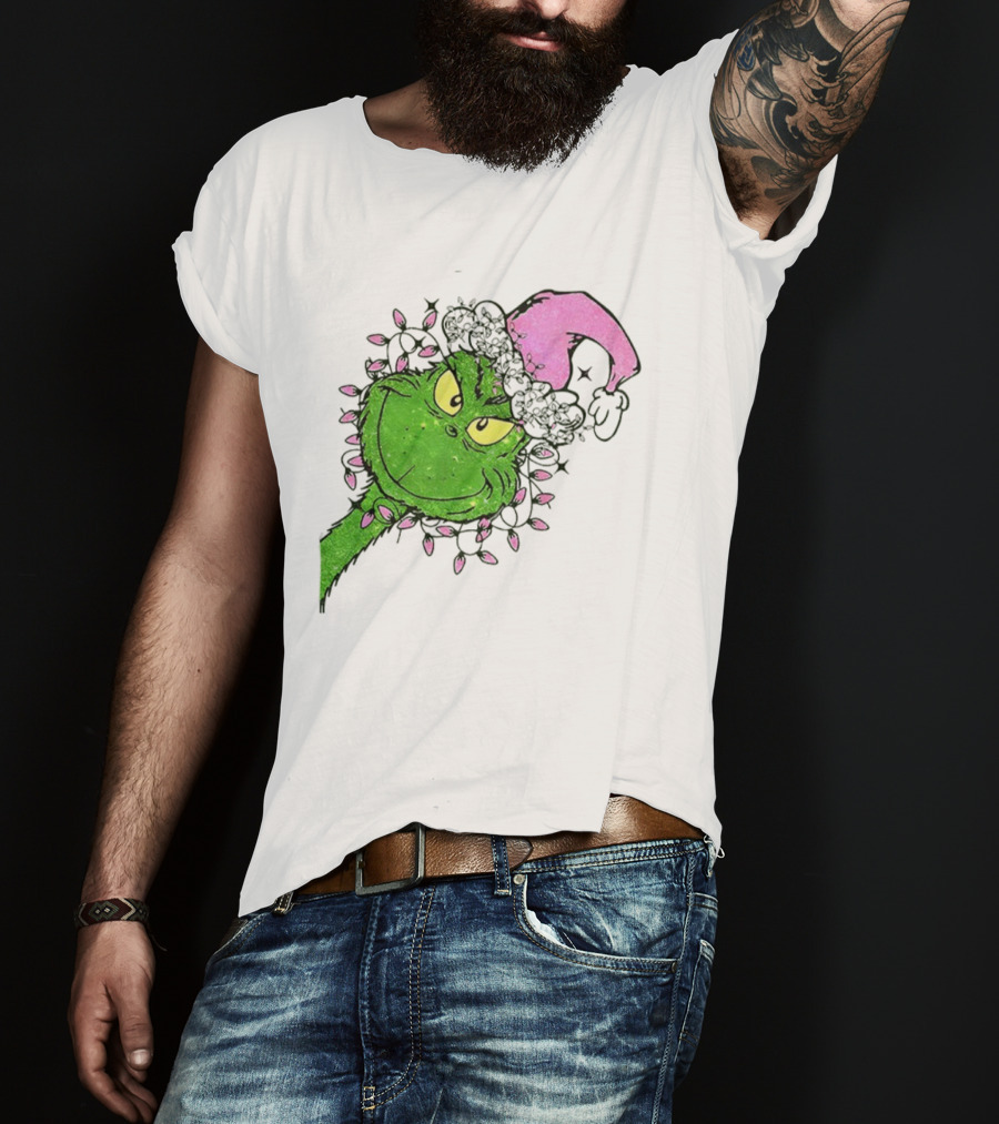 Pink Santa Grinch Feeling Extra Grinchy Today Christmas Lights T-Shirt