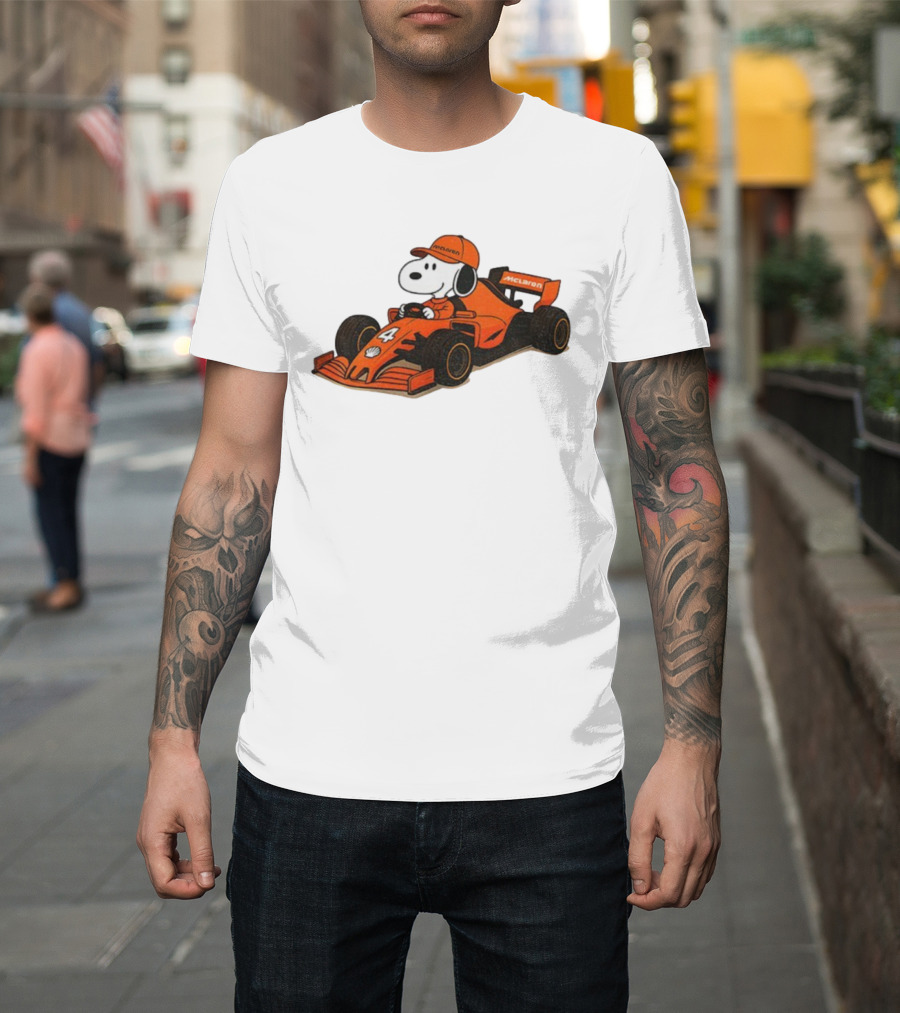 Snoopy Driving McLaren Formula One Car With Number 4 Racing Cap T-Shirt