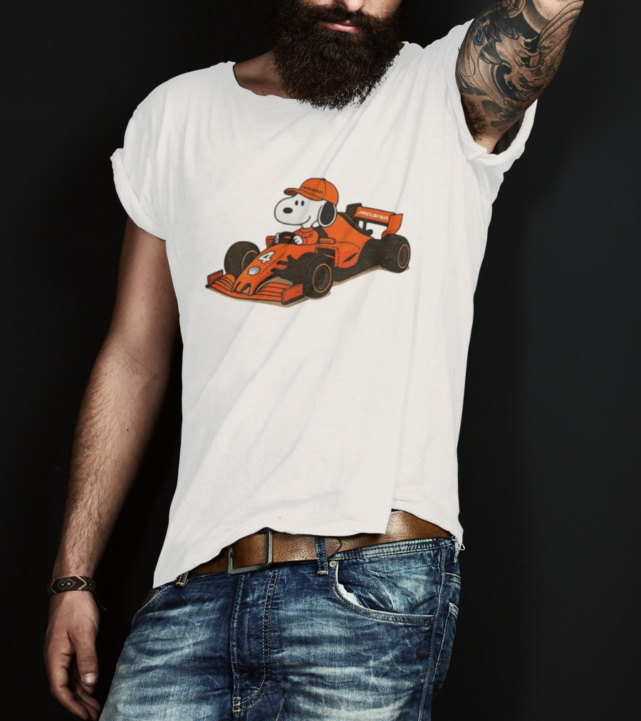 Snoopy Driving McLaren Formula One Car With Number 4 Racing Cap T-Shirt