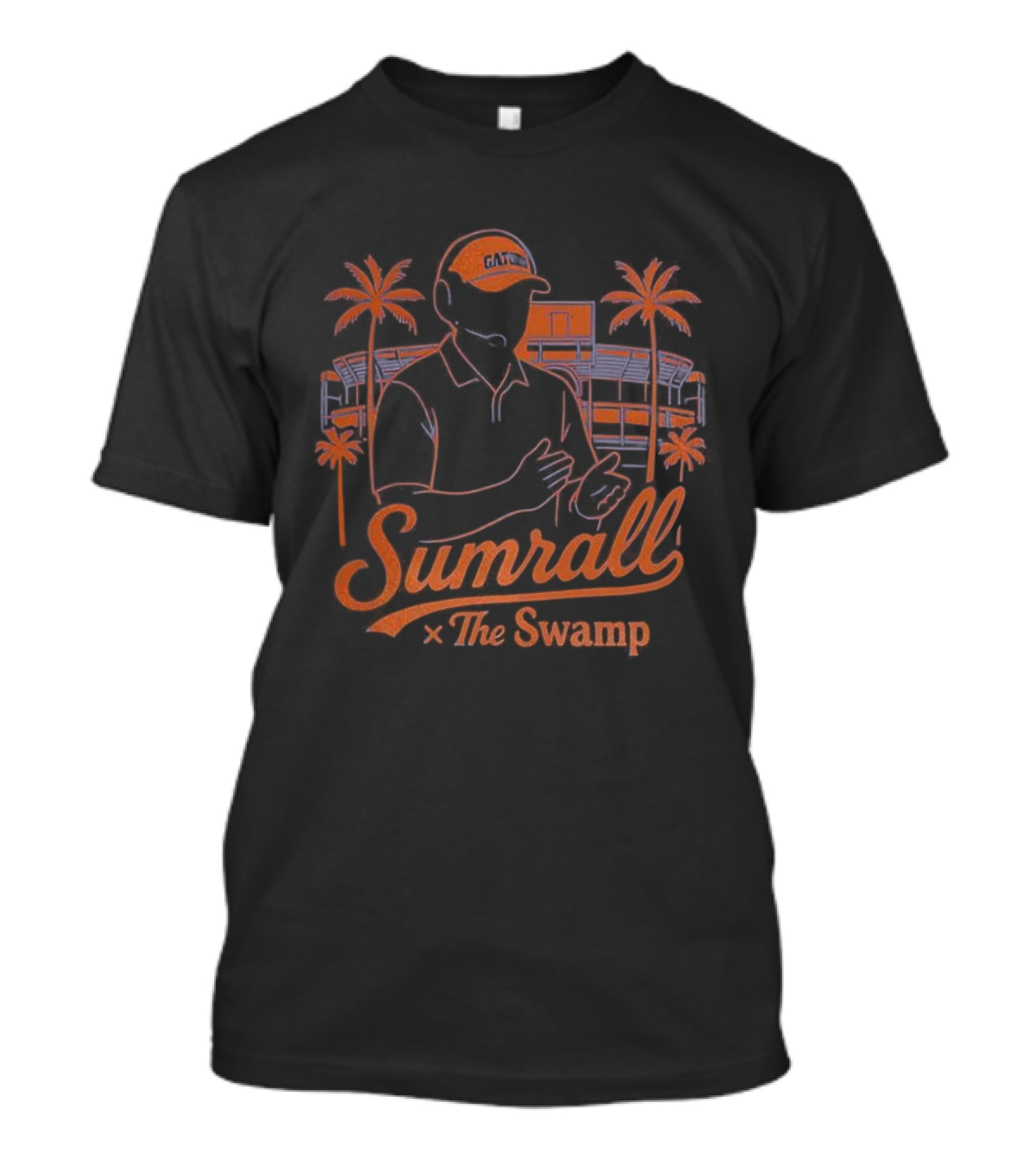 Sumrall The Swamp Coach Illustration With Palm Trees And Building Background T-Shirt