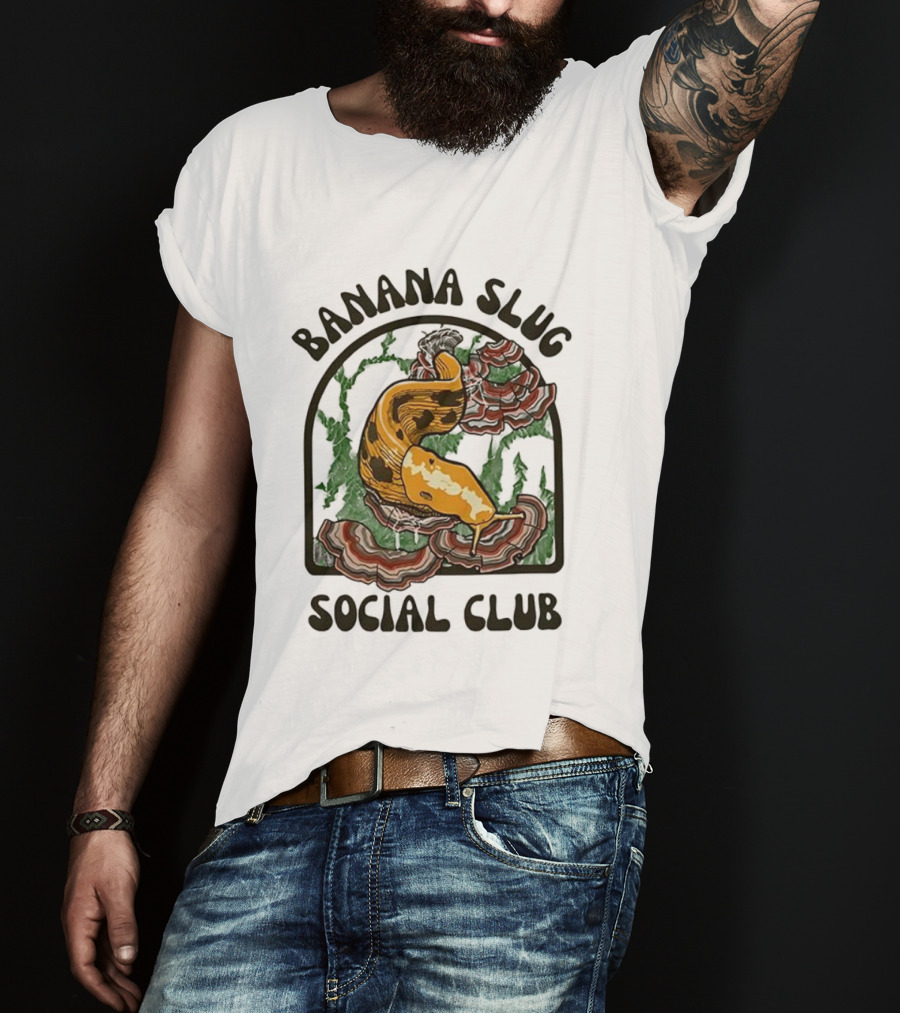 Banana Slug Social Club Nature-Inspired Design With Forest And Mushrooms T-Shirt