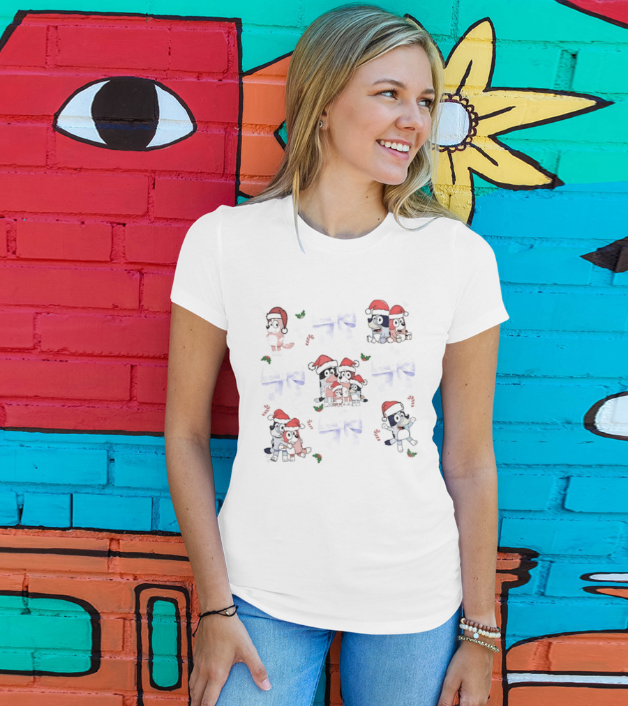 Coquette Blue Dog Bluey Snowman Christmas Episode Festive Holiday Santa Hats T-Shirt
