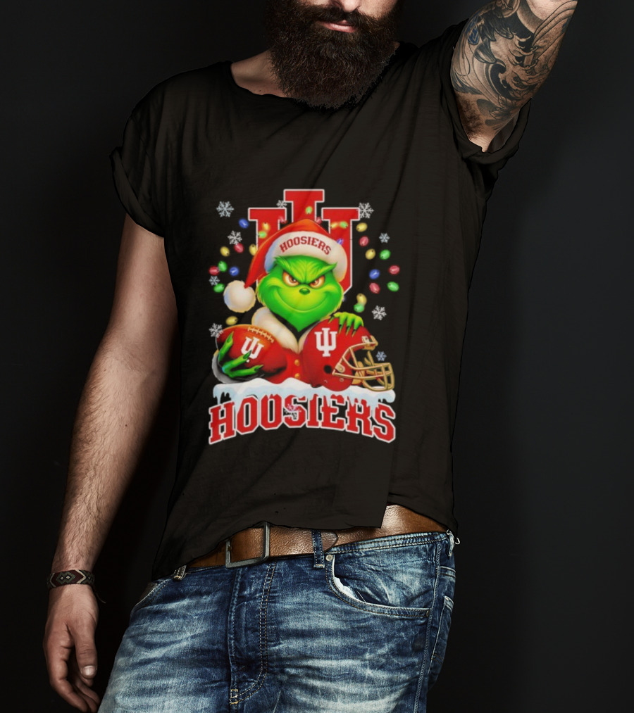 Grinch Santa With Indiana Hoosiers Football Helmet Christmas Theme T-Shirt