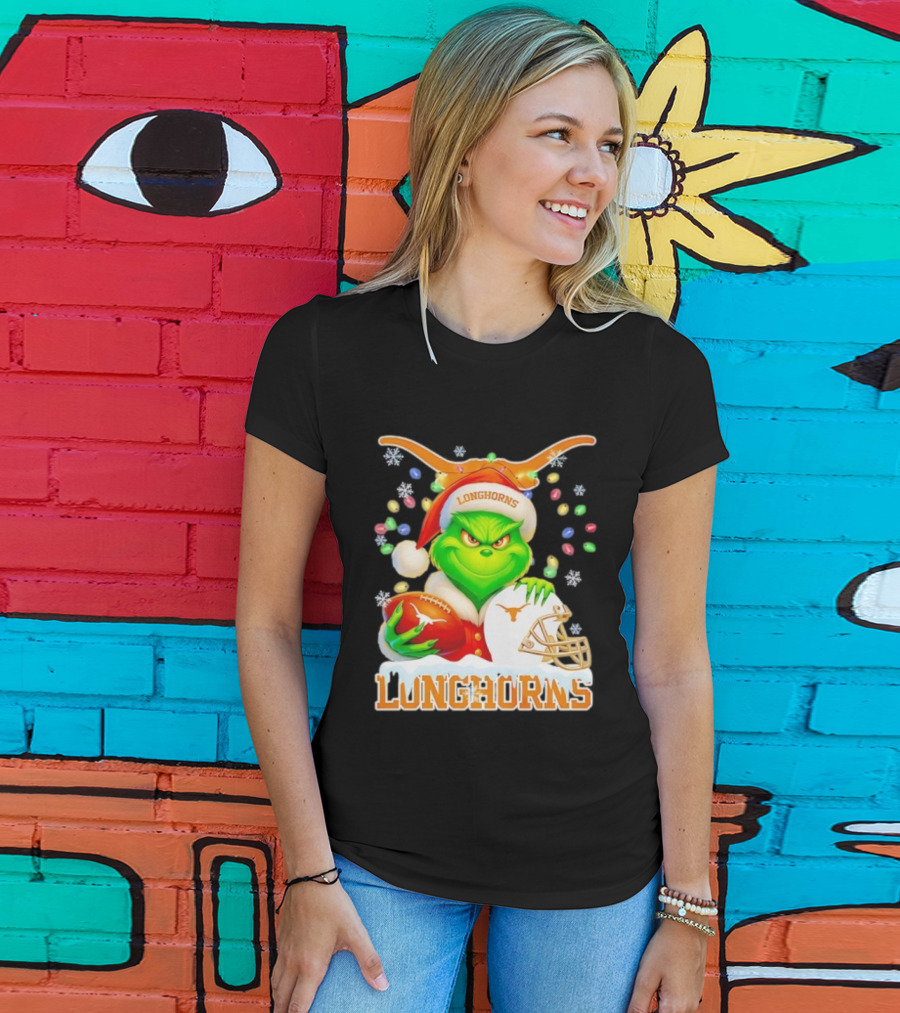 Grinch With Texas Longhorns Christmas Football Helmet And Santa Hat T-Shirt