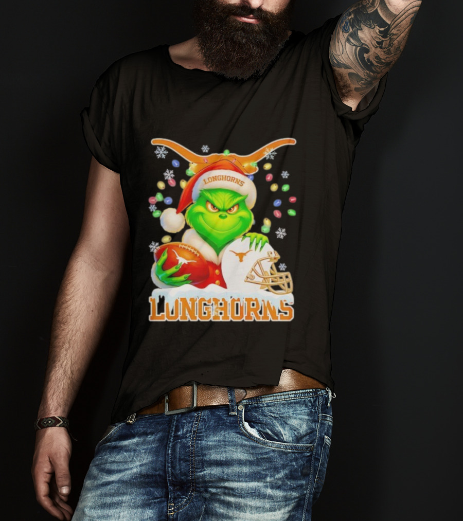 Grinch With Texas Longhorns Christmas Football Helmet And Santa Hat T-Shirt