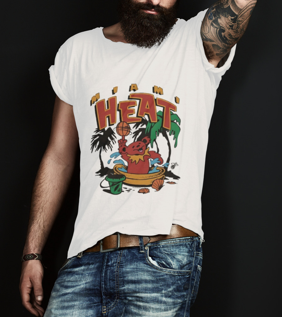 Grateful Dead Bear Miami Heat Basketball Palm Trees Beach Theme T-Shirt