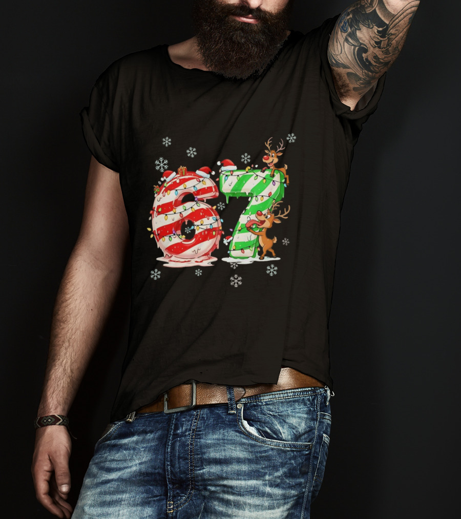 67 Christmas Reindeer Candy Cane Lights Snowflakes T-Shirt