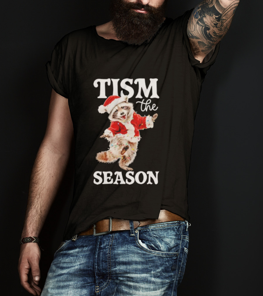 Tism The Season Raccoon Santa Christmas Autism Awareness T-Shirt
