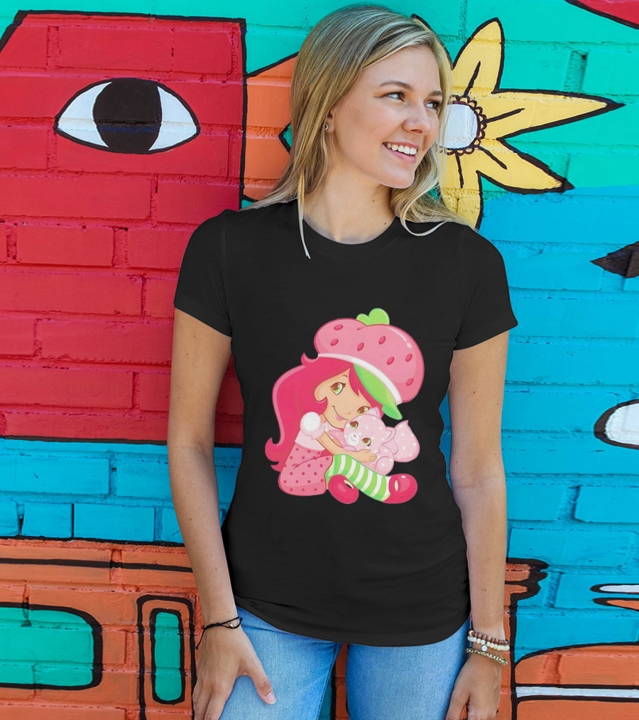 Strawberry Girl Hugging Pink Cat With Hat And Polka Dot Pants T-Shirt