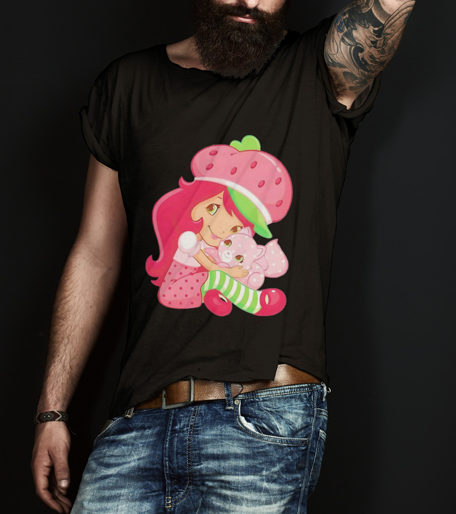 Strawberry Girl Hugging Pink Cat With Hat And Polka Dot Pants T-Shirt