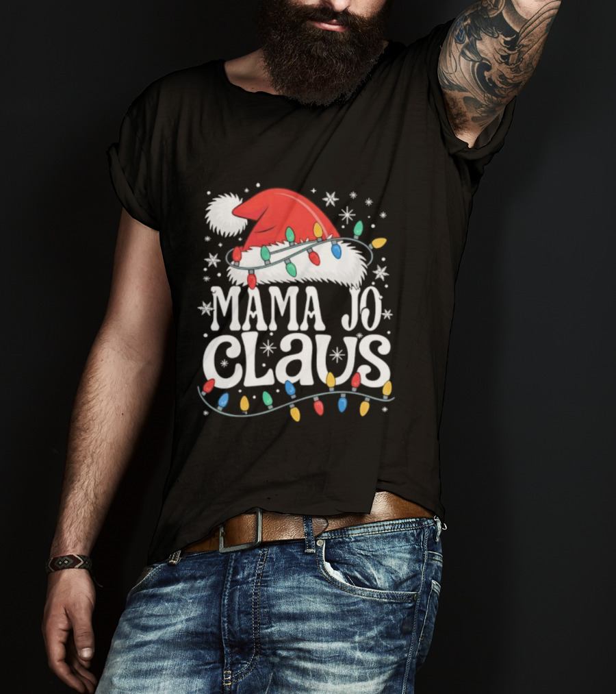 Mama Jo Claus Christmas Hat With Holiday Lights T-Shirt