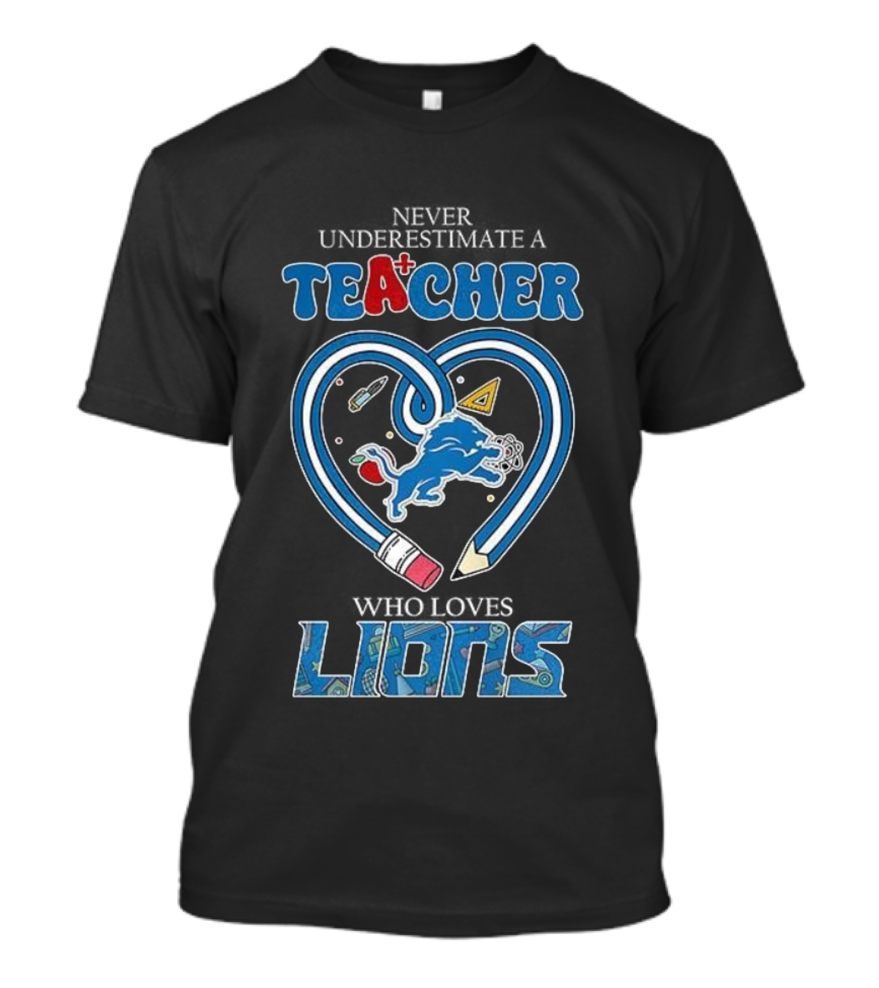 Teacher Who Loves Detroit Lions Heart Pencil Design T-Shirt