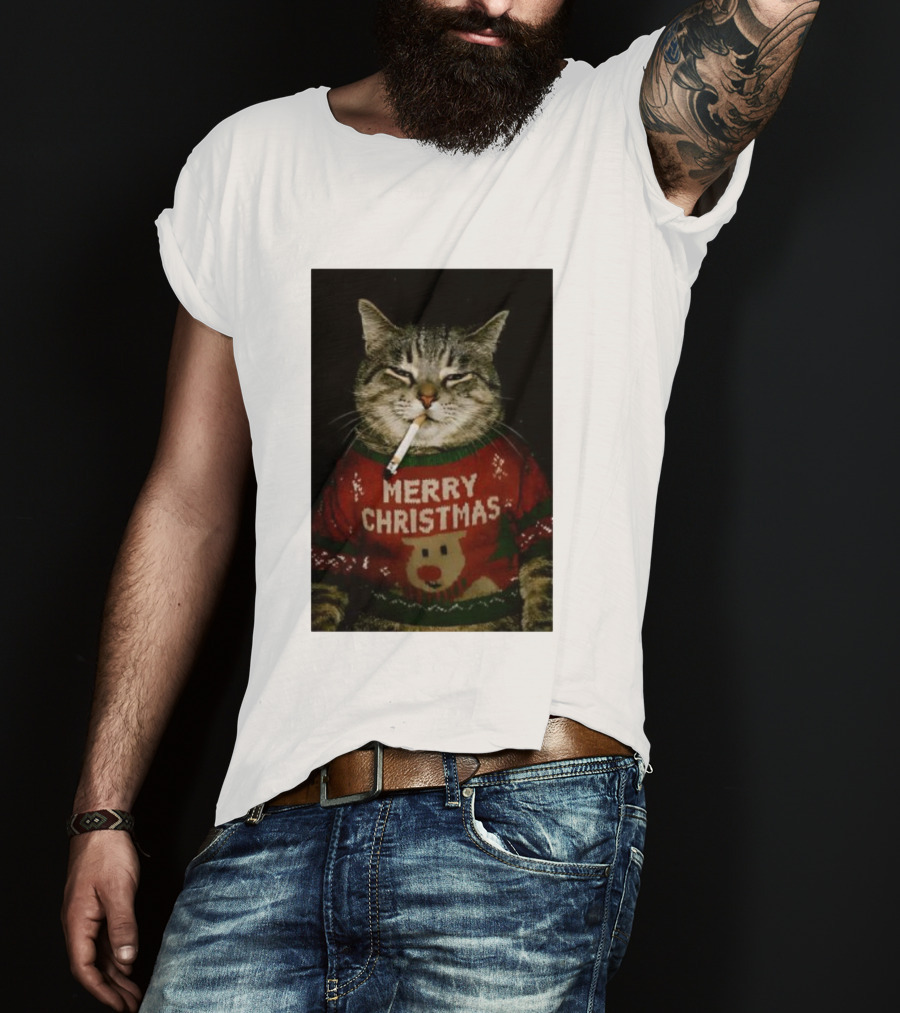 Merry Christmas Cat Smoking In Ugly Holiday Sweater With Reindeer T-Shirt