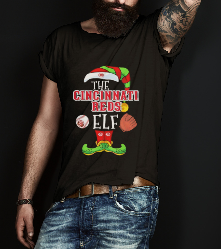 Cincinnati Reds Christmas Baseball Elf Hat And Stockings T-Shirt