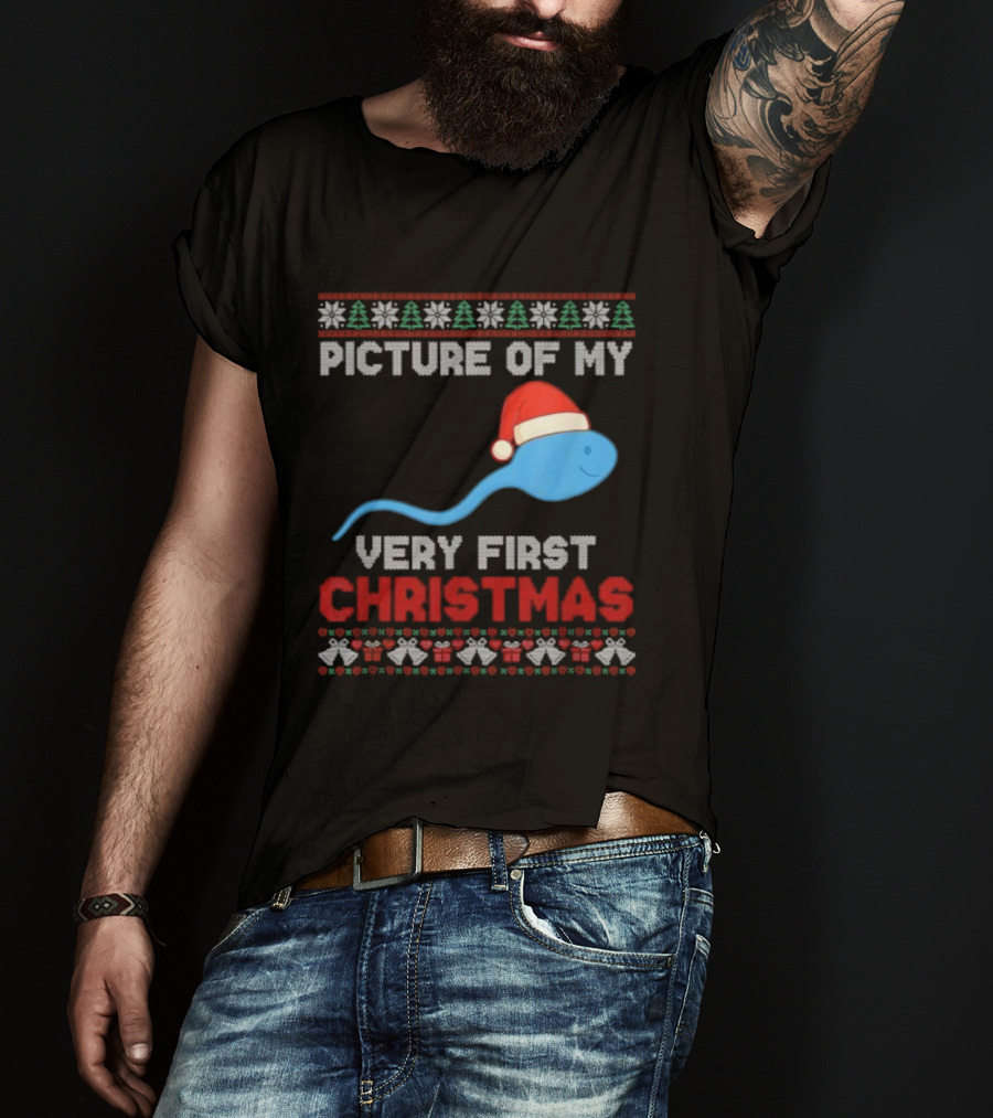 Picture Of My Very First Christmas Joke Funny Xmas Santa Hat Sperm T-Shirt