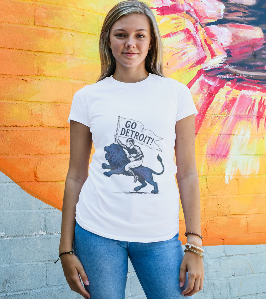 Go Detroit Football Player Riding Lion T-Shirt