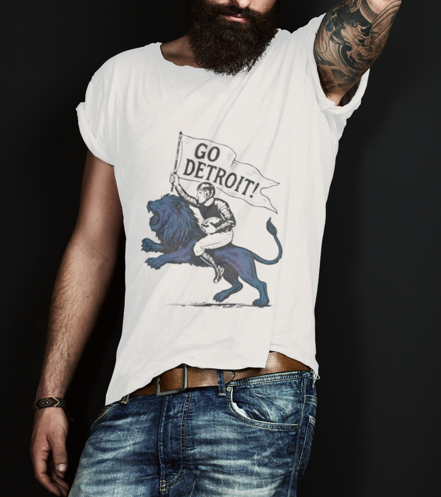 Go Detroit Football Player Riding Lion T-Shirt