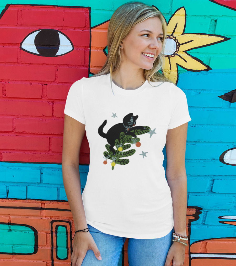 Christmas Tree Cat With Stars Yarrow Goods T-Shirt