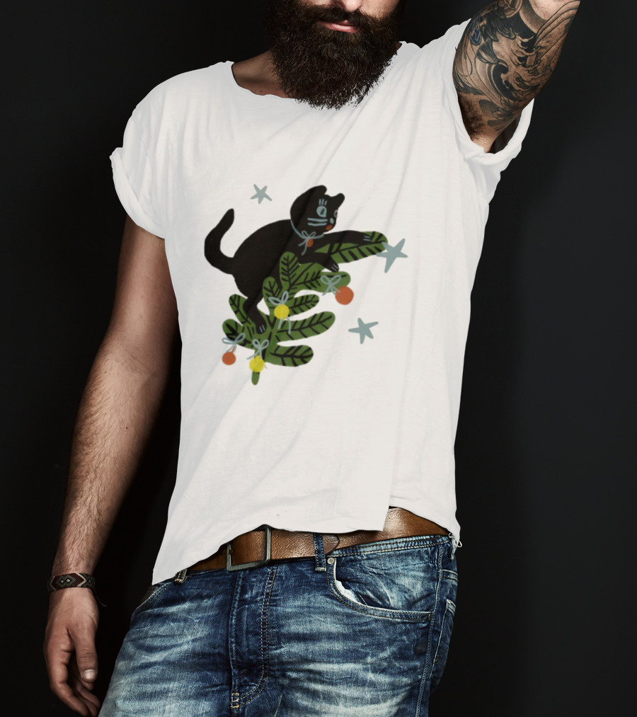 Christmas Tree Cat With Stars Yarrow Goods T-Shirt