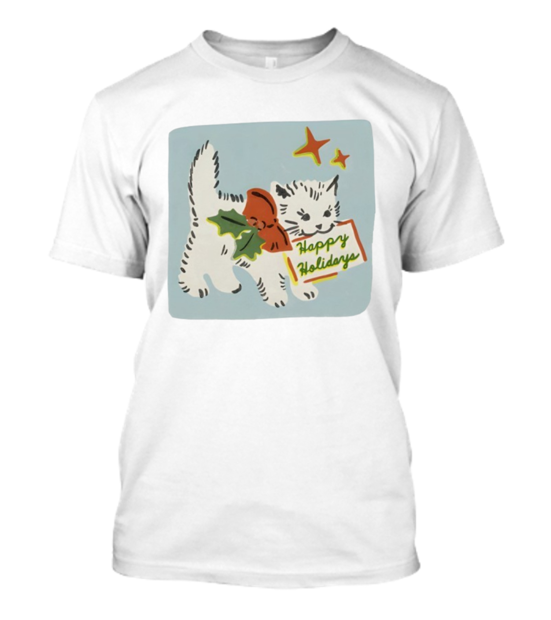 Happy Holidays Cat With Holly And Stars By Yarrow Goods T-Shirt