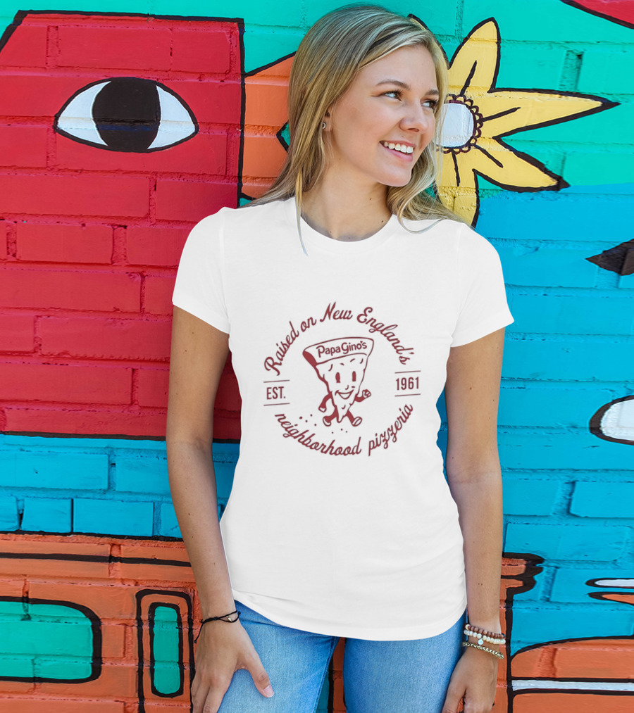 Raised On New England's Neighborhood Pizzeria Papa Gino's Est 1961 Pizza Slice Character T-Shirt