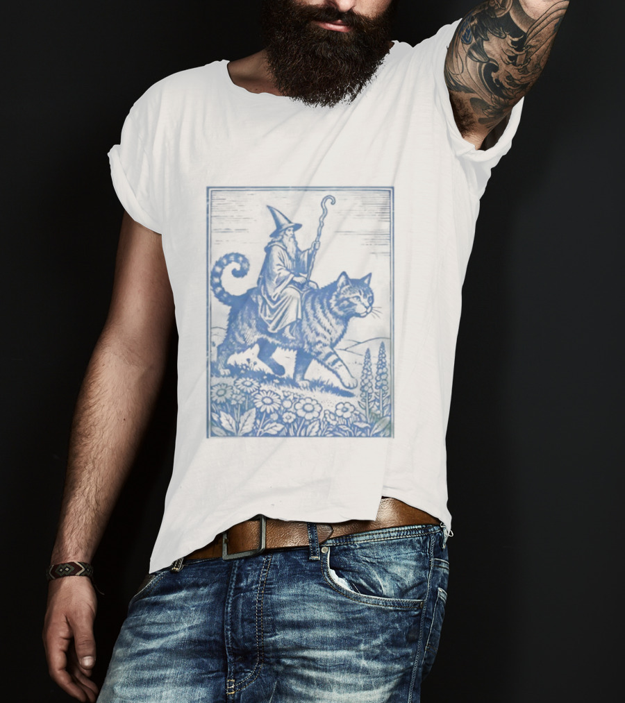 Wizard Riding Cat Blue Vintage Fantasy Adventure Scene T-Shirt