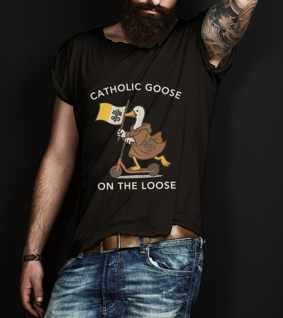 Catholic Goose On The Loose Holding Flag Riding Scooter T-Shirt